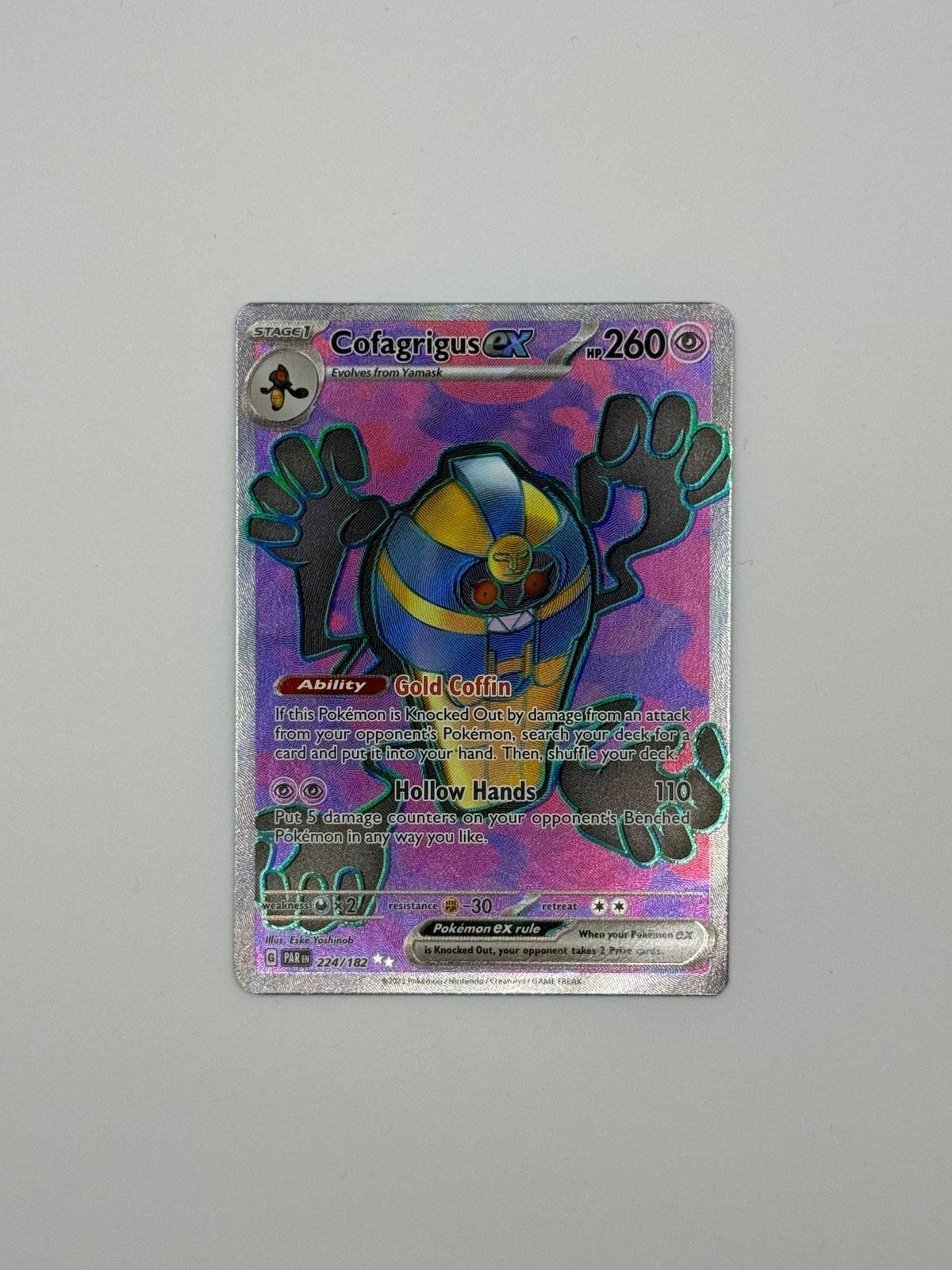 Pokémon-Karte Cofagrigus ex, holografisch im Full-Art Design, lila/blau