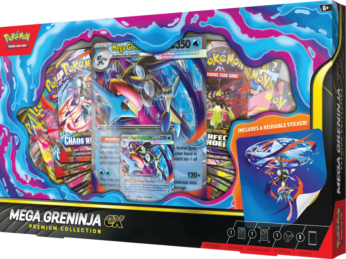 Pokémon Premium Collection Packung mit Mega Greninja ex Kartenmotiv im Fenster und Stickergrafik
