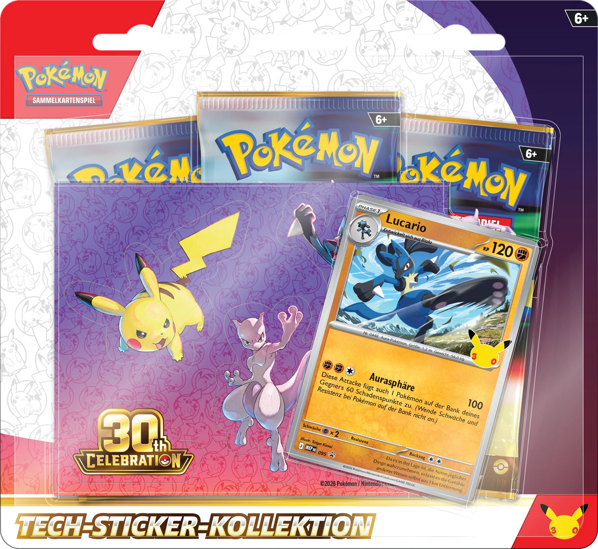 Pokémon Tech-Sticker-Kollektion, Blister mit lila Stickerkarte und Lucario-Illustration