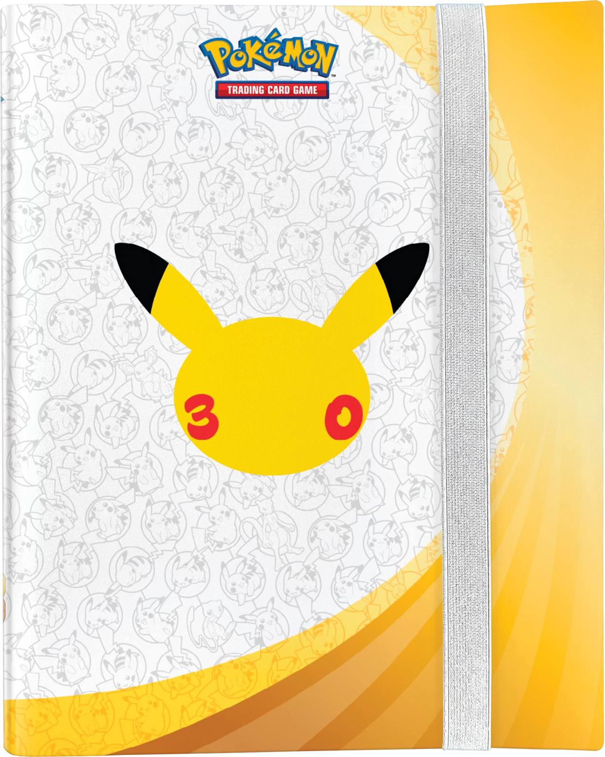 Binde mit Pikachu-Motiv auf weißem Hintergrund und gelben Wellen am Rand
