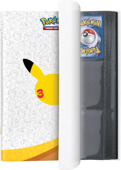 Bindehalter mit Pikachu-Motiv, weißem Rücken und darin steckendem dunkelgrauem Binder