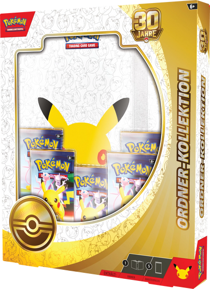 Verpackte Pokémon-Ordnerkollektion mit 30-Jahre-Logo, Fenster mit Karten und Pikachu