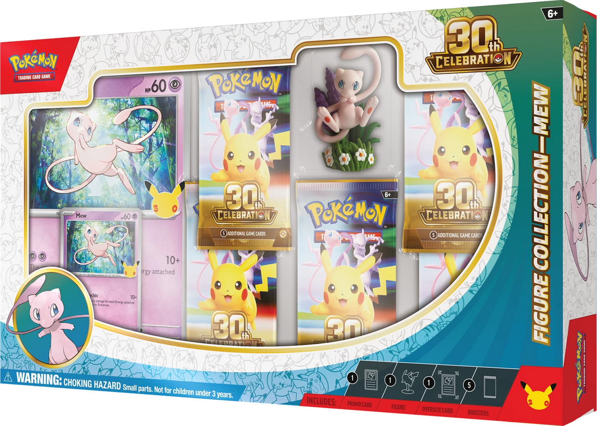 Pokémon Mew Figurenkollektion-Box Vorderseite mit Zubehör und 30th-Celebration-Design