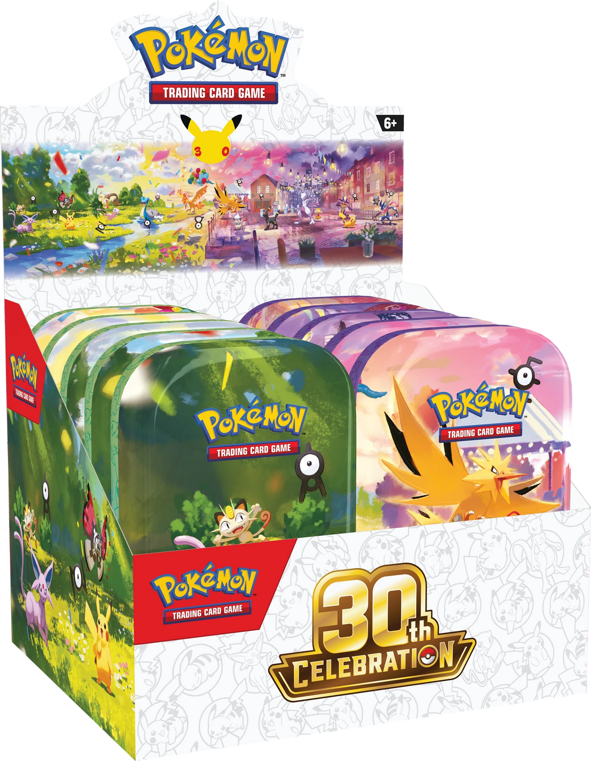 Pokémon 30th-Jubiläums-Mini-Tin-Set in Displaybox mit drei Deckeldesigns und 30th-Logo