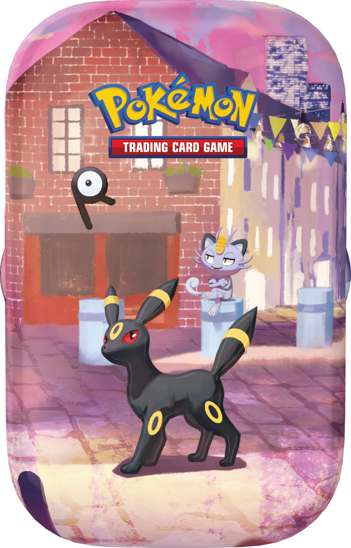 Pokémon Mini-Dose mit dunklem Pokémon und hellgrauem Charakter vor Backstein