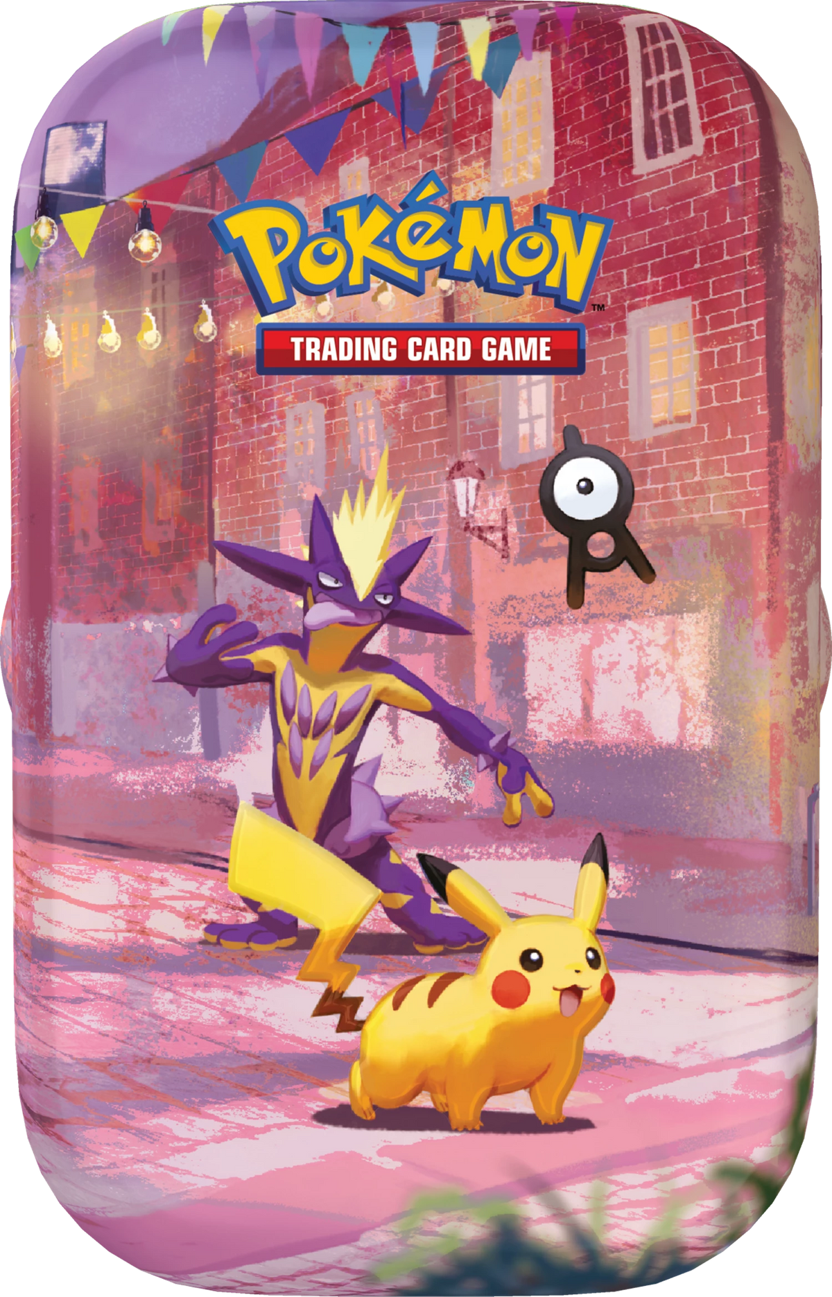 Pokémon Mini-Dose mit violettem Pokémon und gelbem Fuchs im Hinterhof