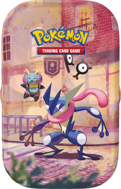 Pokémon Mini-Dose mit blauem Pokémon und rosa Drachen vor Backsteinwand