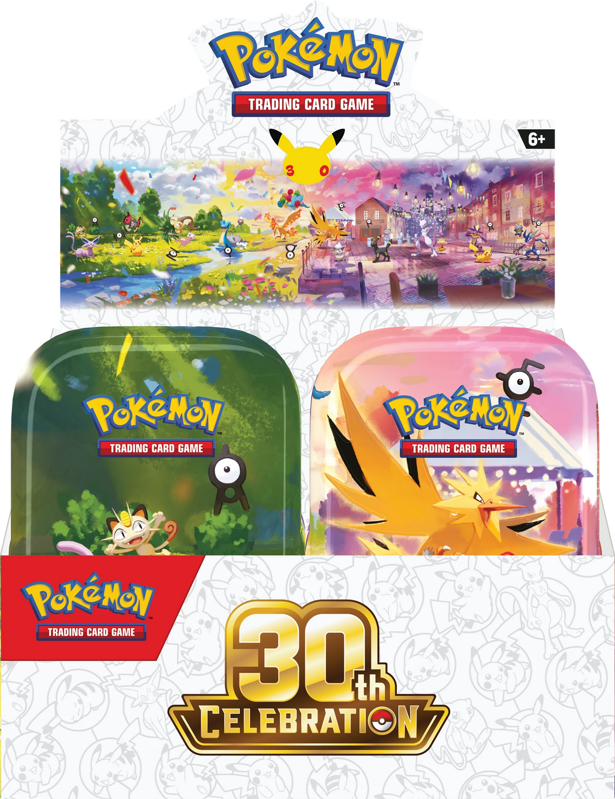 Display-Box für Pokémon 30th-Jubiläums-Mini-Tins mit Deckelansichten und „30th Celebration“-Logo