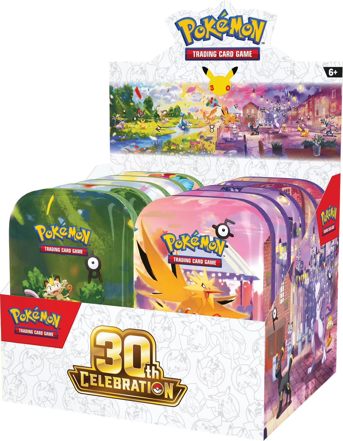 Pokémon 30th-Jubiläums-Mini-Tin-Displaybox mit zwei Tin-Deckeln und „30th Celebration“-Logo