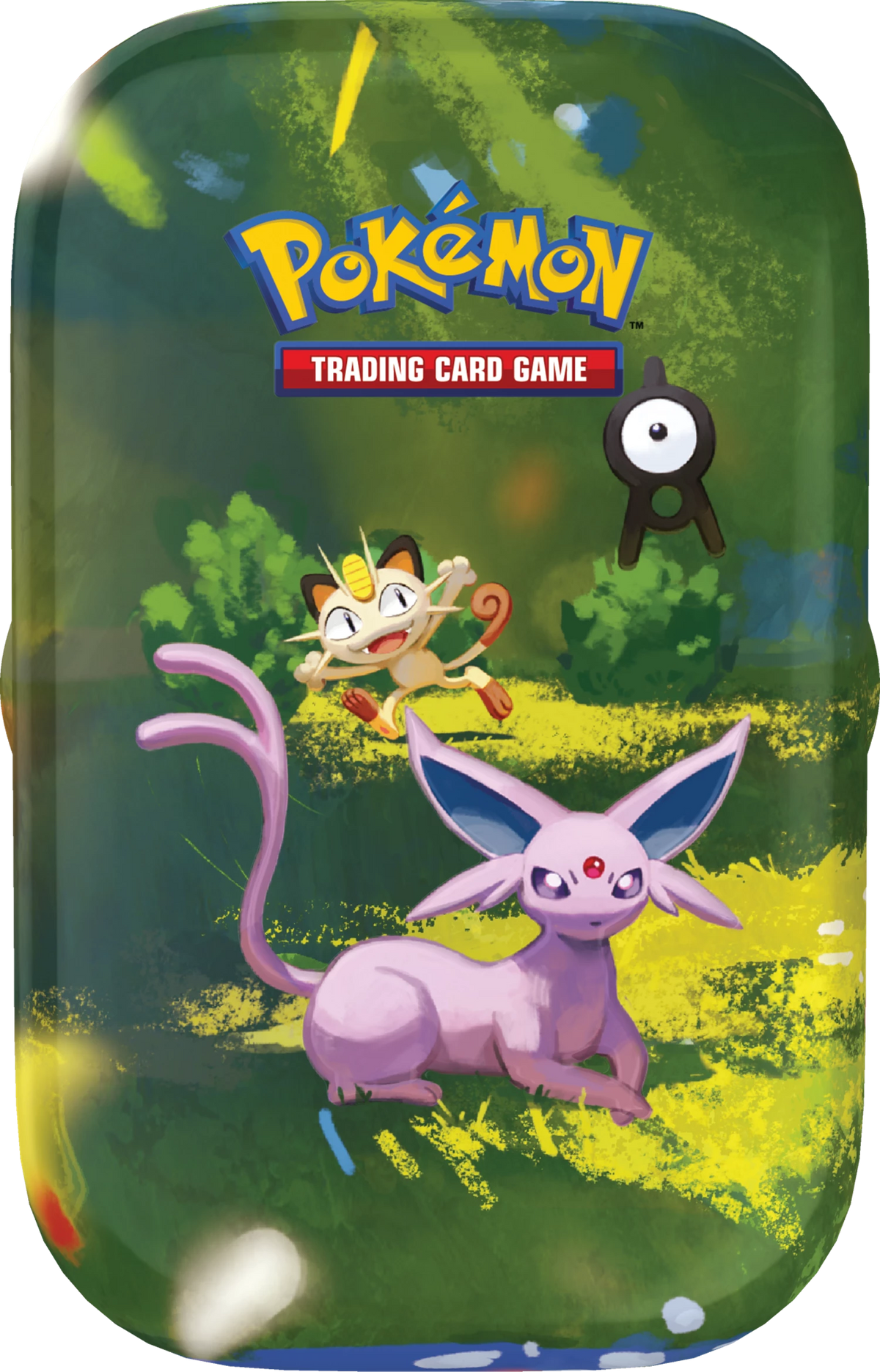 Pokémon-Minidose Trading Card Game mit violettem Pokémon-Motiv und schwarzer Figur