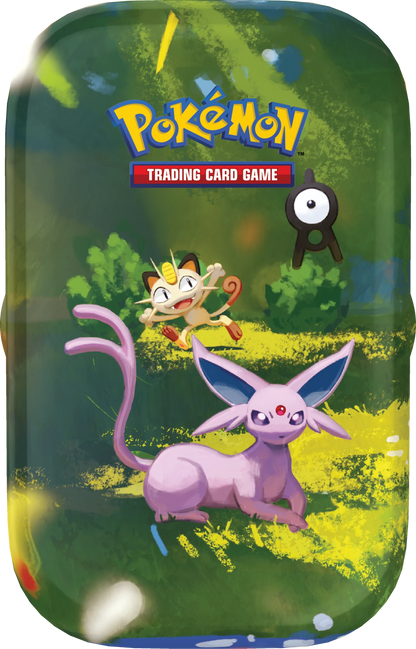 Pokémon-Minidose Trading Card Game mit violettem Pokémon-Motiv und schwarzer Figur