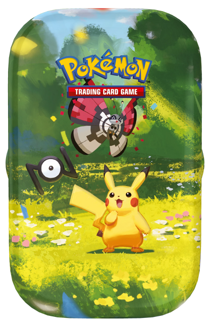 Mini-Tin mit Pokémon-Illustration von Pikachu in gelber Lichtung und „Trading Card Game“-Logo
