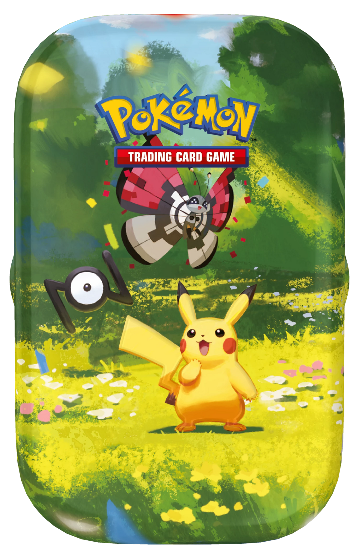 Pokémon Mini-Dose mit Pokémon-Figur vor Zielscheibe und Pokéball-Detail