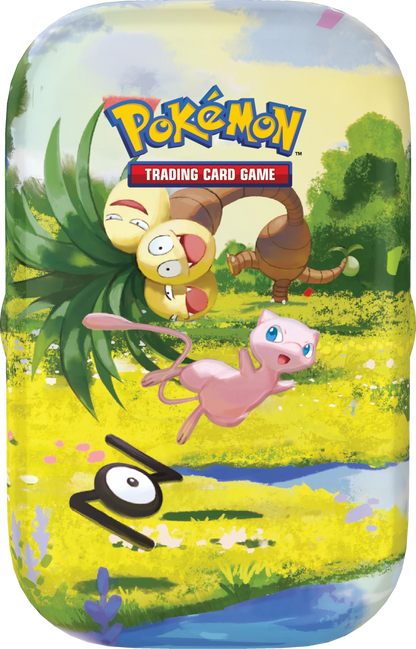 Pokémon Mini-Dose mit Pokémon-Figuren vor großer Blattpflanze