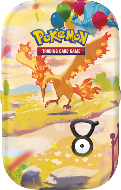 Mini-Tin mit Pokémon-Illustration und Feuerflammen, mit „Trading Card Game“-Logo