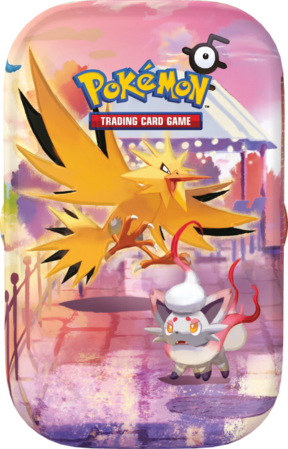 Mini-Tin mit großem gelbem Drachen-Pokémon und pinkem Himmel, „Trading Card Game“-Logo