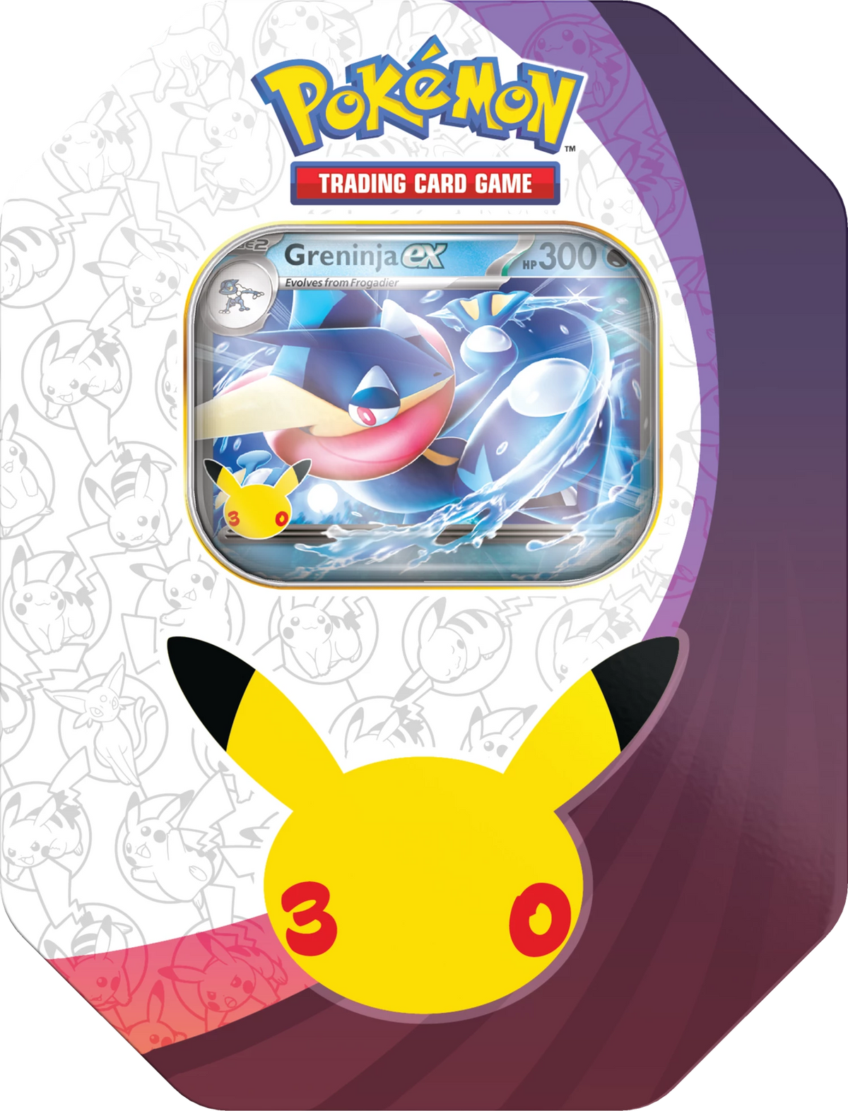 Pokémon 30th-Anniversary ex-Tin mit Greninja-ex Vorderseite und Pikachu-Emblem