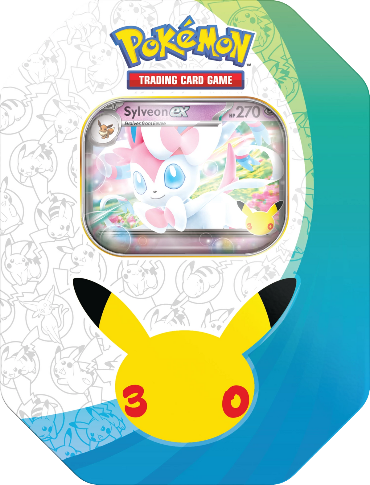 Pokémon 30th-Anniversary ex-Tin mit Sylveon-ex Vorderseite und Pikachu-Emblem