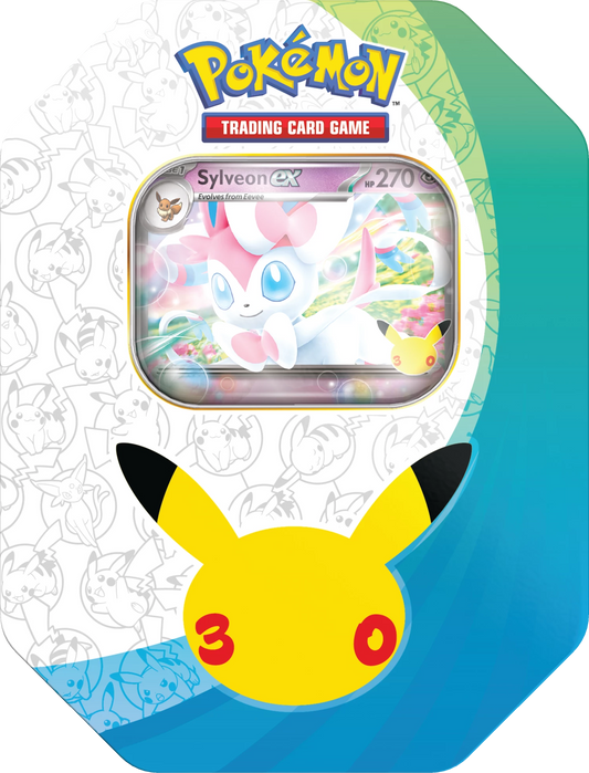 Pokémon 30th-Anniversary ex-Tin mit Sylveon-ex Vorderseite und Pikachu-Emblem