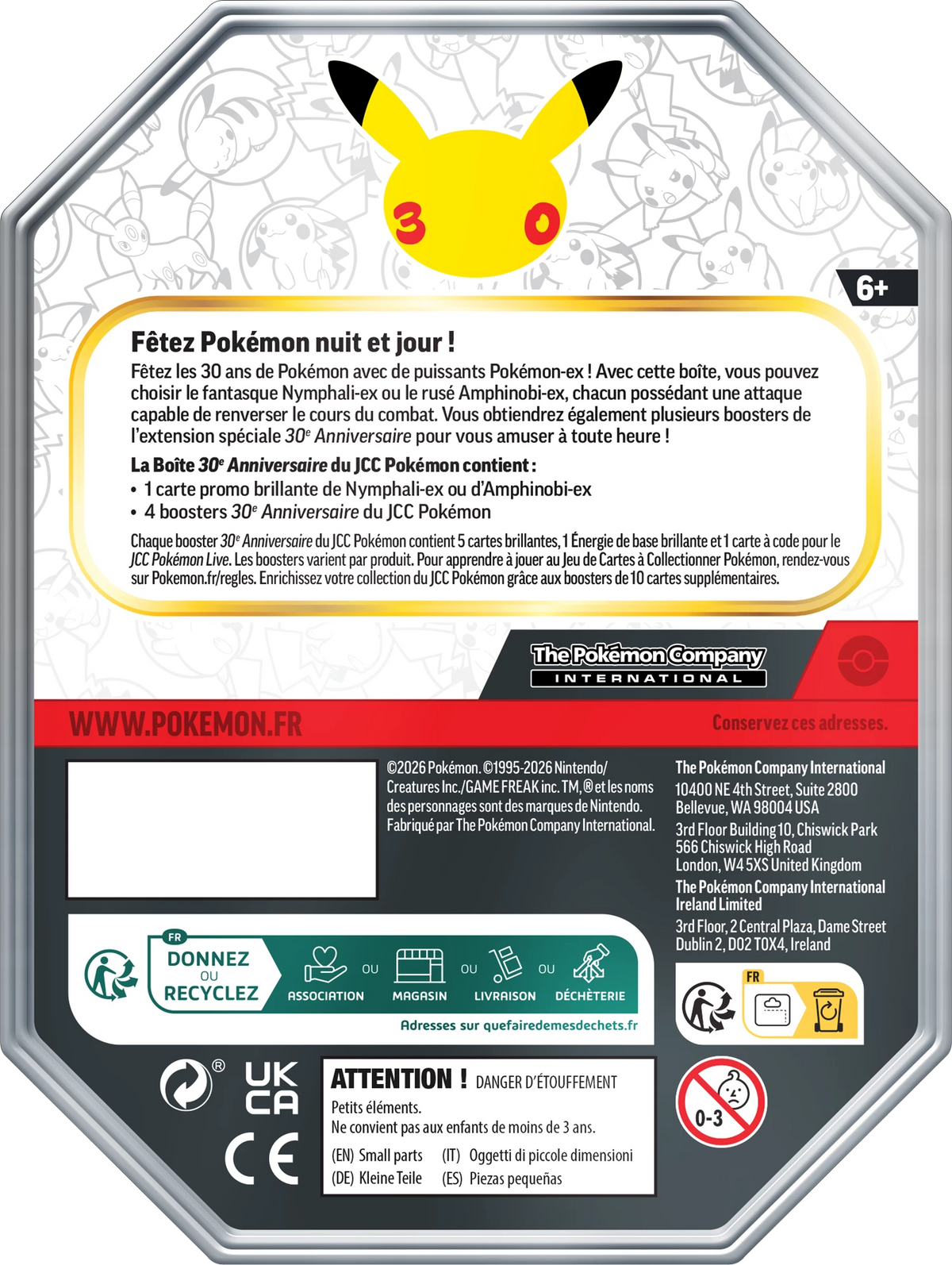 Pokémon-Ex-Tin Rückseite mit Spielhinweisen, CE- und Herstellerlogos