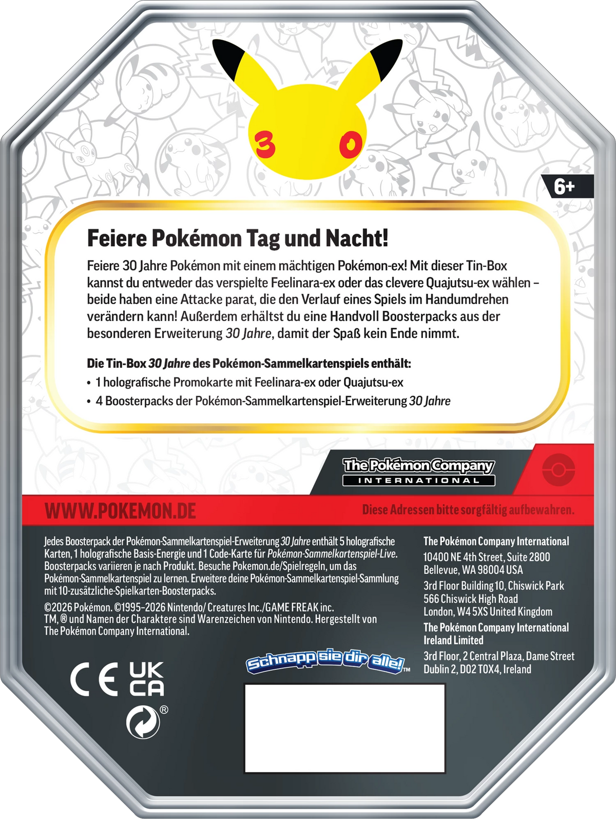 Pokémon-Sammeldose (Rückseite) mit Schlitz und Aufklebern, sechseckiges Design