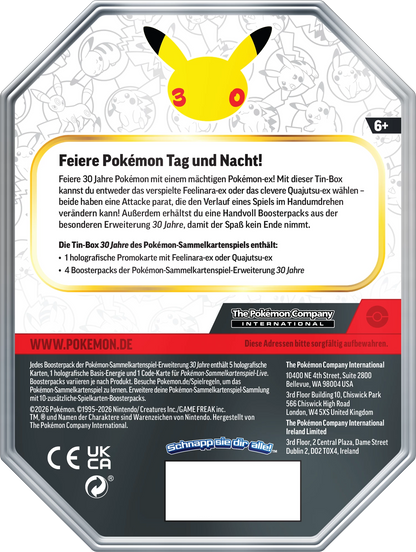 Pokemon-Dose mit Pikachu-Motiv, Rückseite mit Hinweistext und Sichtfenster
