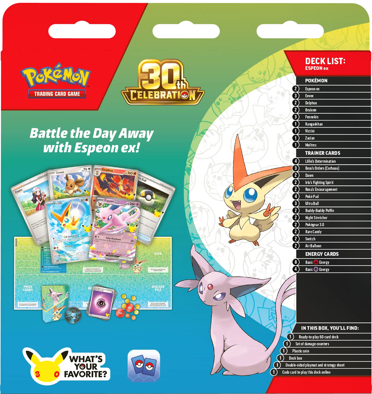 Pokémon 30th Celebration Battle Deck mit Espeon ex, Deckliste und Figurenillustration