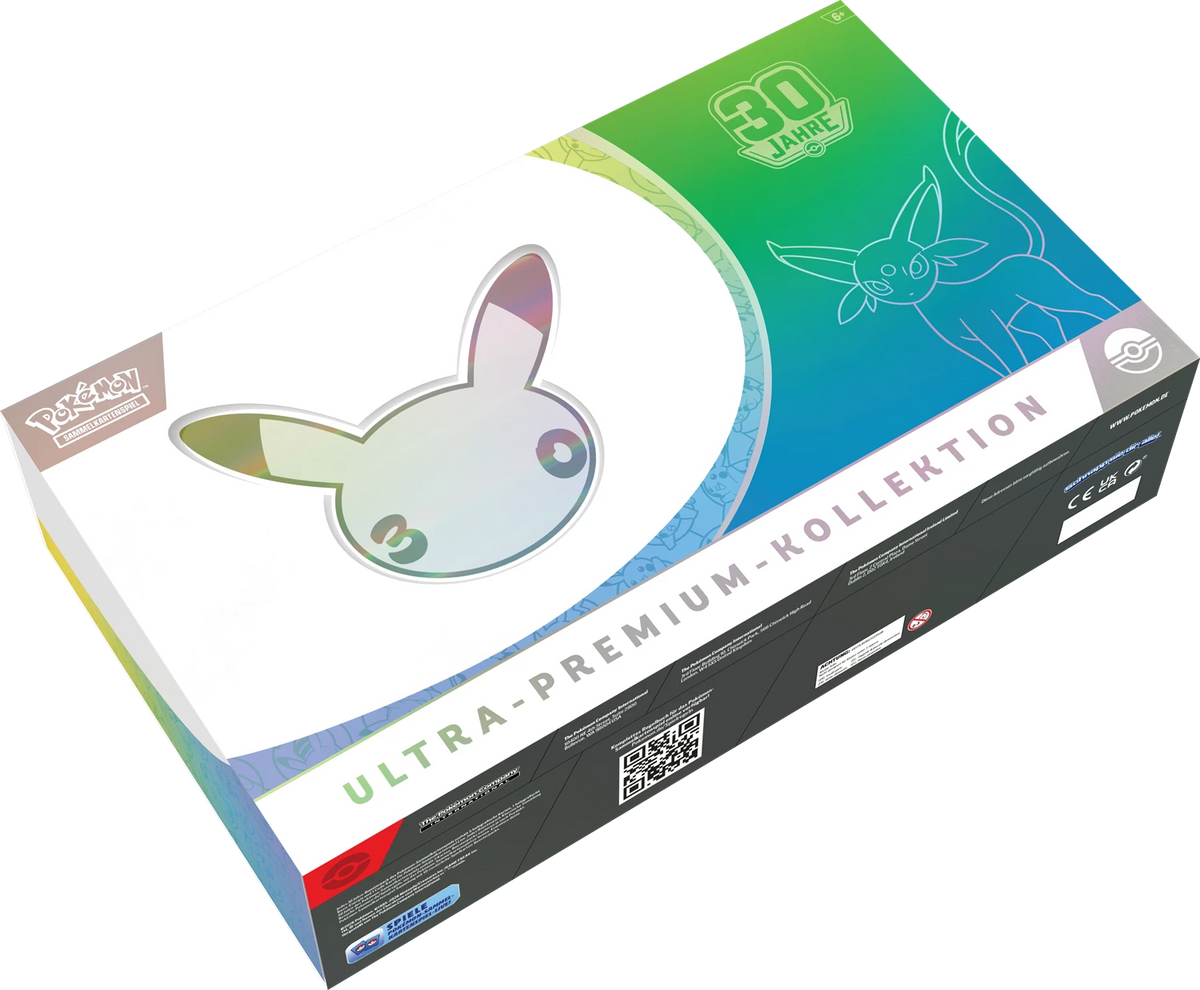 Pokémon Ultra-Premium-Kollektion-Box in Schrägansicht mit Espeon-ex und 30-Jahre