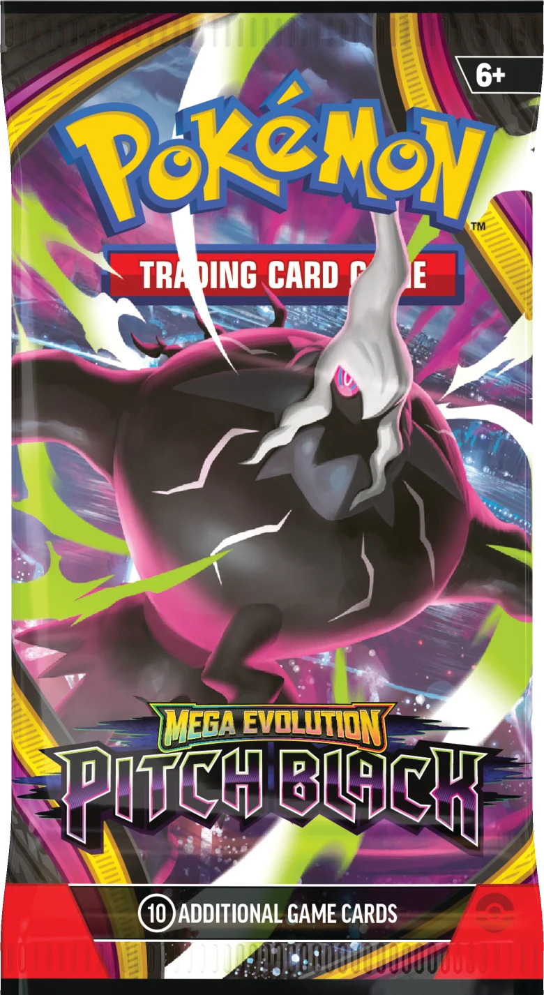 Pokémon Pitch Black Booster-Display mit Figurenillustration, 6+ und „Trading Card Game“.
