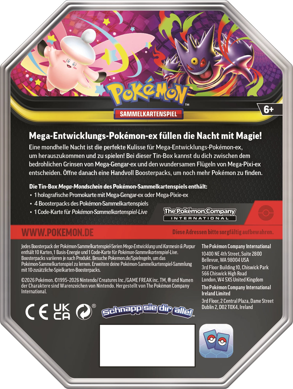 Pokémon Mega-Gengar ex Tin, Rückseite mit Spieltext, Pokémon-Logo und Altersangabe ab 6