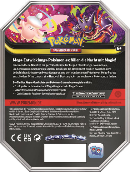 Pokémon Mega-Gengar ex Tin, Rückseite mit Spieltext, Pokémon-Logo und Altersangabe ab 6