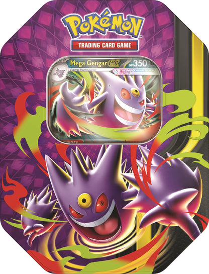 Pokémon Trading-Card-Tin mit Mega Gengar ex Motiv, lila Wellen und leuchtenden Effekten